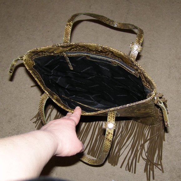NWOT Via Repubblica Olive Green Reptile Leather Bag w/Fringe - Picture 8 of 10